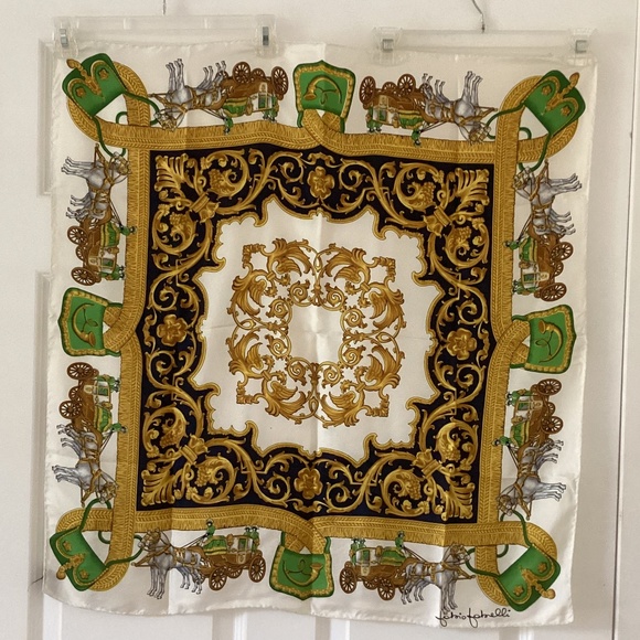 Fabio Fabelli Horse And Carriage Golden Scrolls 100%Silk Twill Scarf Hand Rolled - Picture 4 of 11